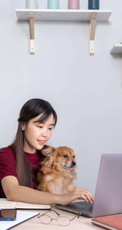 A young woman works on a laptop at a desk with a small dog sitting on her lap. Glasses, notebooks, and a smartphone are placed on the table in front of her.